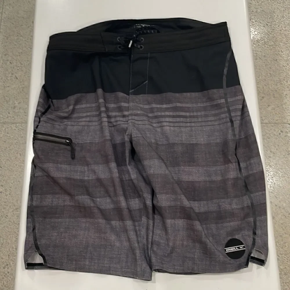 O' NEILL hyperfreak swim boardshorts lace up stretch gray black stripe